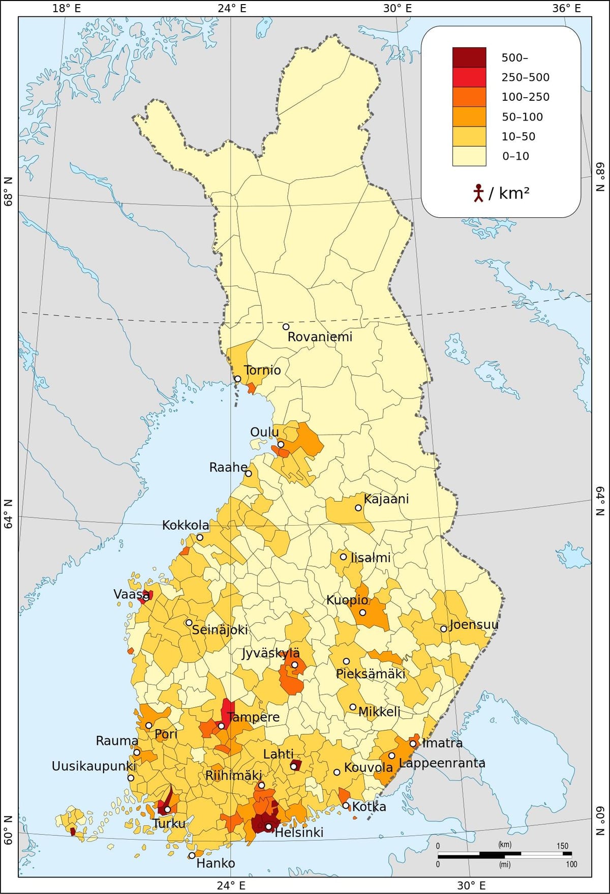 Finska gostota prebivalstva zemljevid